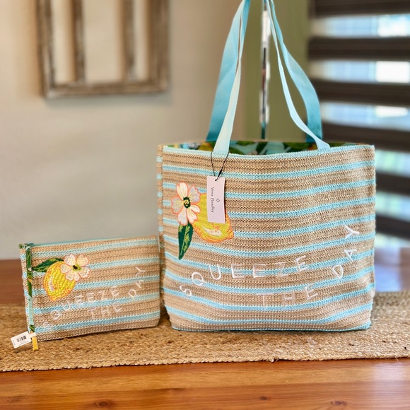 Vera Bradley Handbags - Vera Bradley Lemon Straw Tote and Pouch NWT